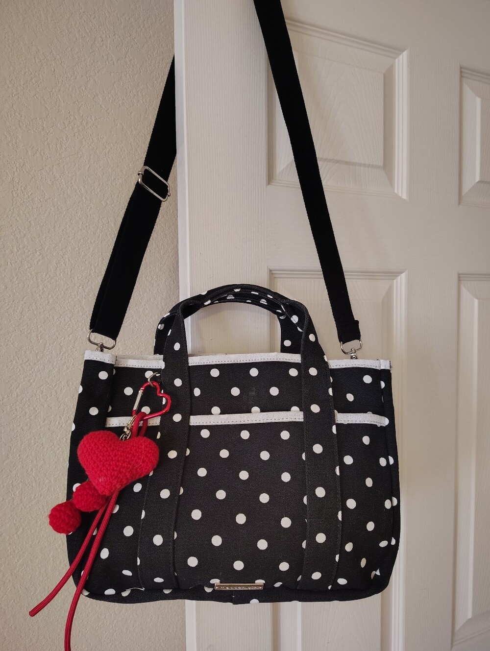 Steve Madden Black Polka Dot Tote Bag with Red Heart Charm